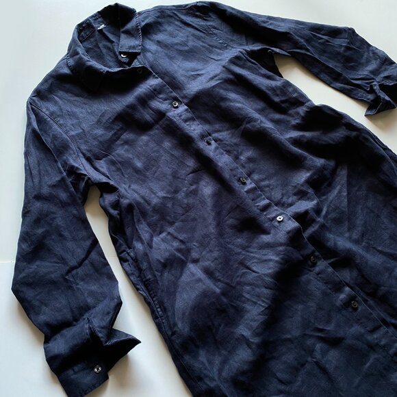 Women’s 100% Linen Navy Blue Long Shirt Dress Sz L Button Front Midi Side Pocket - Picture 9 of 10